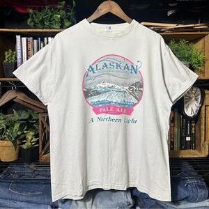 Vintage 80s Single Stitch Alaskan Pale Ale Beer Tee White Blue Alcohol Shirt
